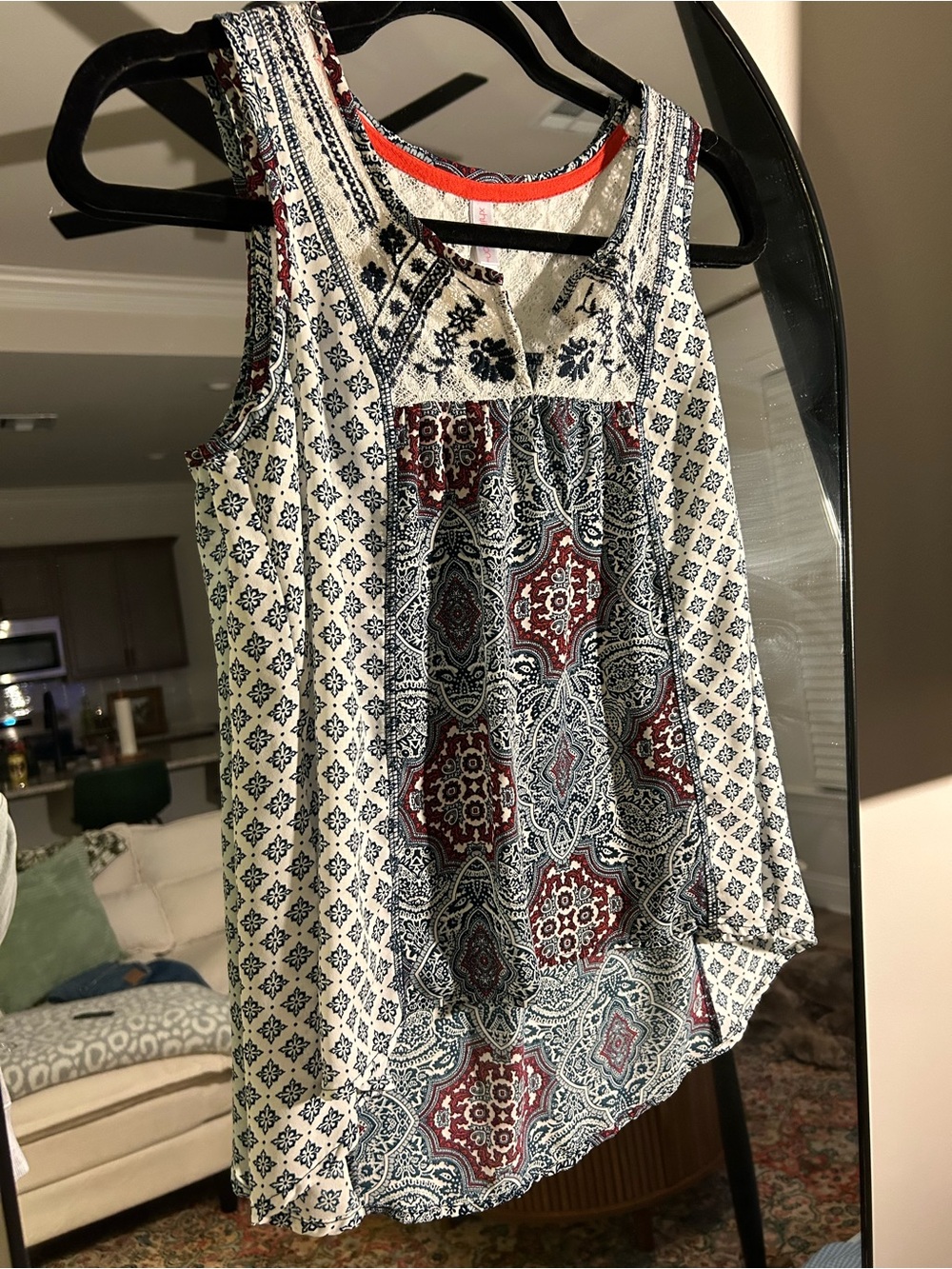 Xhilaration Navy, Cream & Burgundy Mixed-Print Sleeveless Camisole